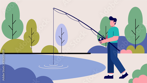 Man Fishing at Small Lake – Pastel Flat Corporate Illustration