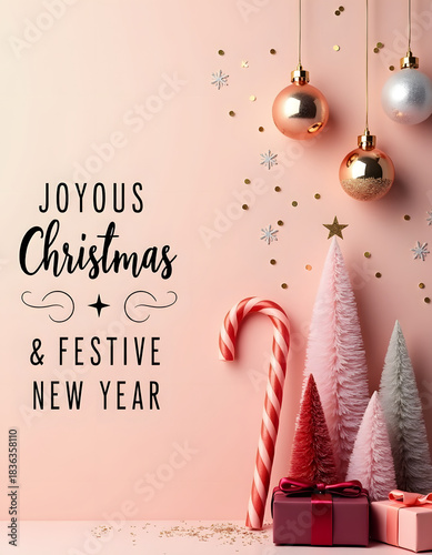 Joyous Christmas and Festive New Year greeting with ornaments and gifts