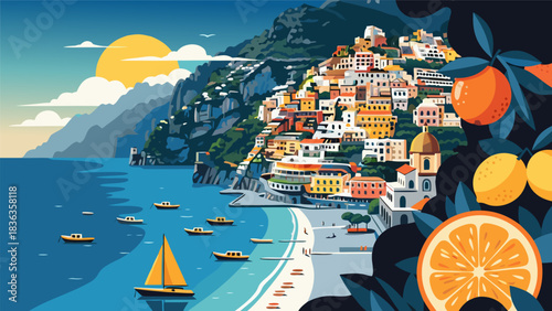 Vibrant flat design illustration of a scenic Italian coastal village on a cliffside with fresh citrus fruits and boats. f