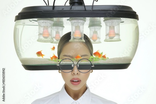 Woman wearing aquarium helmet with goldfish