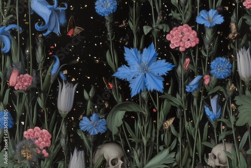 Skulls hidden among blooming flowers