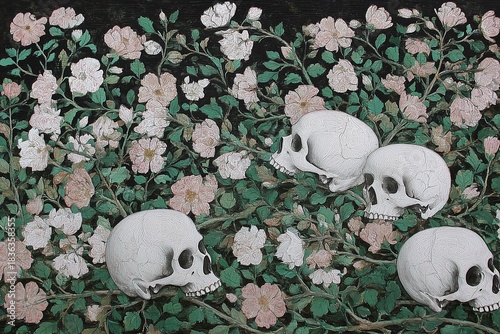 Skulls among blooming flowers