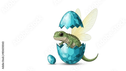 Baby dragon emerging from a faceted crystal egg with delicate wings