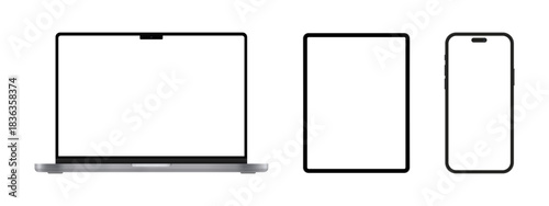 Laptop Tablet Phone. Set of devices. Computer, tablet and cellphone mockup. Digital equipment showing isolated screen.