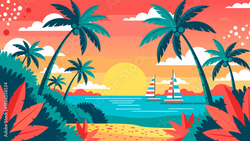 Vibrant Tropical Sunset Beach Illustration with Palm Trees and Sailboats, Perfect for Summer Vacations and Relaxing Getaways