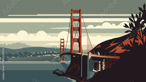 Vintage travel poster style vector graphic of a famous San Francisco bridge scene with the bay and hills in a retro d.eps design