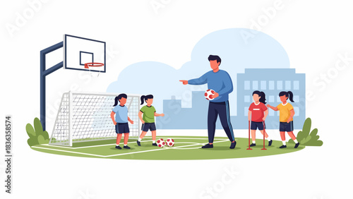 Male Sports Coach Training Girls Football Outdoors