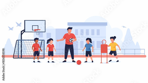 Male Coach Teaching Kids Football and Sports Outdoors