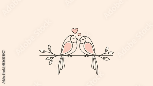 Minimalist Love Birds on Branch with Hearts Romantic Illustration for Valentine s Day