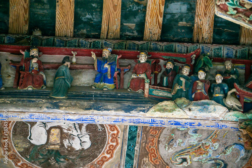 The exquisite wood carvings on the stage of Huaxi Tower in Bozhou City, Anhui Province, China. The Flower Theatre was first built in the Qing Dynasty.

