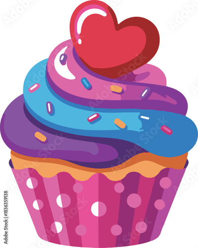 colorful cupcake with heart topping vector, soft shadows