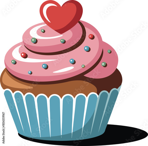 colorful cupcake with heart topping vector, soft shadows