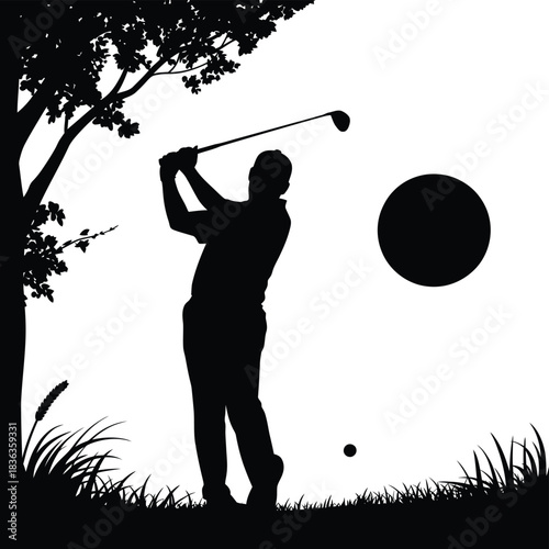 Silhouette of a golfer swinging a club at sunset with a large moon
