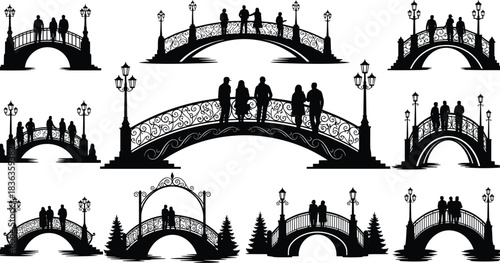 Vector Vintage Bridge Silhouette Set, People on Arch Bridges with Lampposts, Black Romantic Park Landscape Graphics