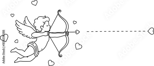Cupid Aiming Arrow at Heart Black and White Line Art for Valentine s Day