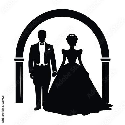 Silhouette of a bride and groom under an archway