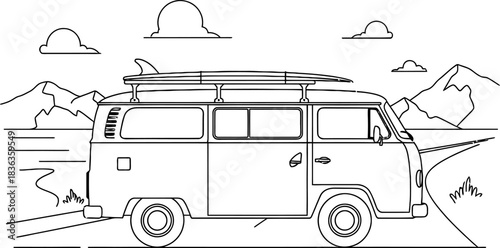 Line Art Illustration of a Camper Van with Mountains and a Rising Sun