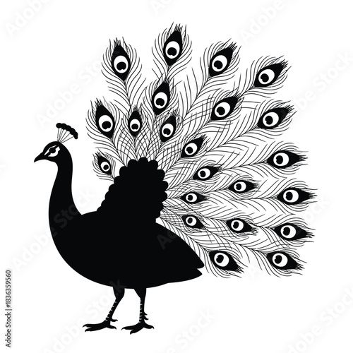 Elegant black silhouette of a peacock with elaborate tail feathers