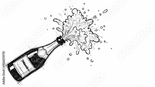 Champagne bottle exploding with celebratory fizz and bubbles.