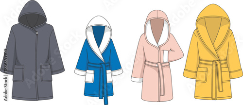 Collection of hooded bathrobes in assorted colors featuring pockets, belts, and cozy soft-texture detailing, illustrated as technical fashion flats for design presentations