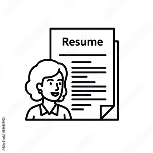 Minimalist black outline vector icon of a resume with a female candidate portrait, symbolizing job application, recruitment and career opportunities, isolated on a transparent background