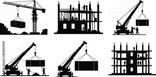 Black Silhouette Icons of Heavy Construction Equipment and Workers Building Multi-story Structures and Lifting Materials with Mobile and Tower Cranes, Professional Engineering Site.