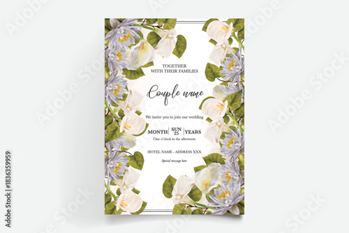 WEDDING INVITATION FRAME WITH FLOWER DECORATIONS AND FRESH LEAVES