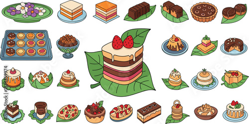 Cartoon dessert illustration set, layered cakes, tarts, cookies, pastries, sweets on plates and leaves, festive food clipart