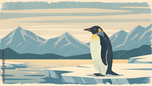 Penguin Standing on Ice Floe with Mountain Backdrop