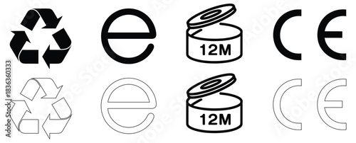 Set of black and white european and recycling marks isolated on white bg,Recycle sign vector illustration, packaging products symbols,packaging labels,information icons of recycling,Recycle icon