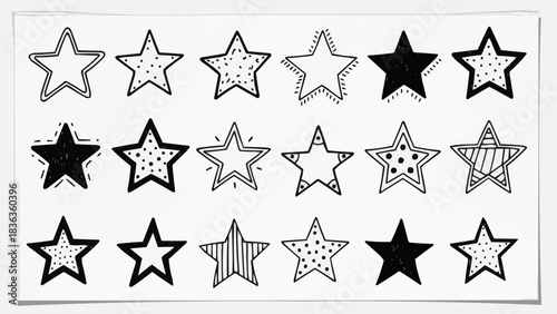 Hand drawn doodle stars collection in various styles and patterns.