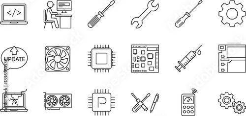Computer Repair and Maintenance Outline Icon Set: Technology Service, IT Support, PC Diagnostics, Hardware Upgrade, Software Programming, Technical Assistance, and Electronic Components 