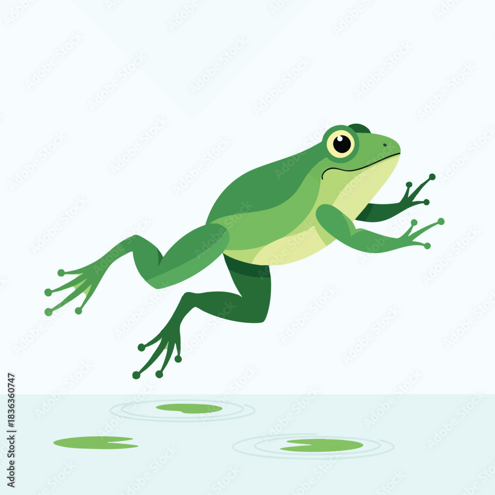 Fototapeta premium Green Frog Jumping on Water Lilies