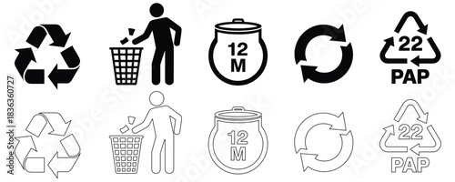 Set of recycling and waste disposal icons, isolated Recycle sign or  Packaging sign vector illustration, International symbol used on packaging to remind people to dispose of it in a bin instead