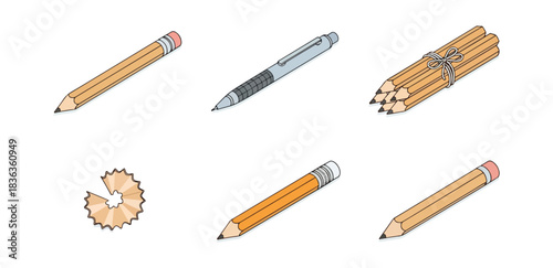 Assortment of pencils and pen illustration on white background