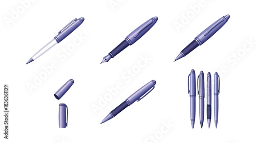 Ink pens assortment collection isolated on black background