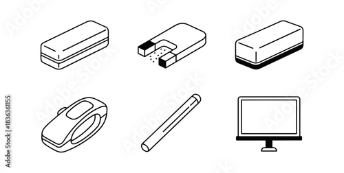 Isometric icon set illustrating various digital devices and tools