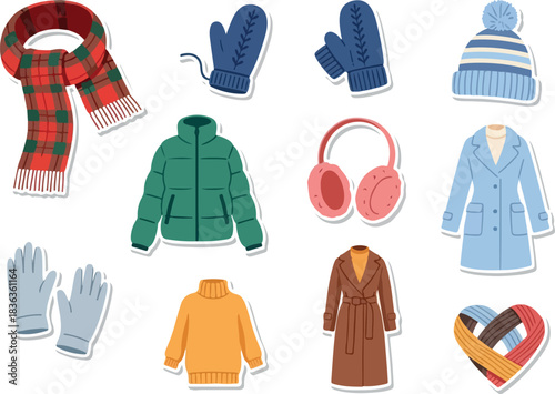 Winter clothing collection of cozy outerwear and accessories