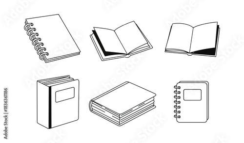 Notebooks and books set isolated on a black background