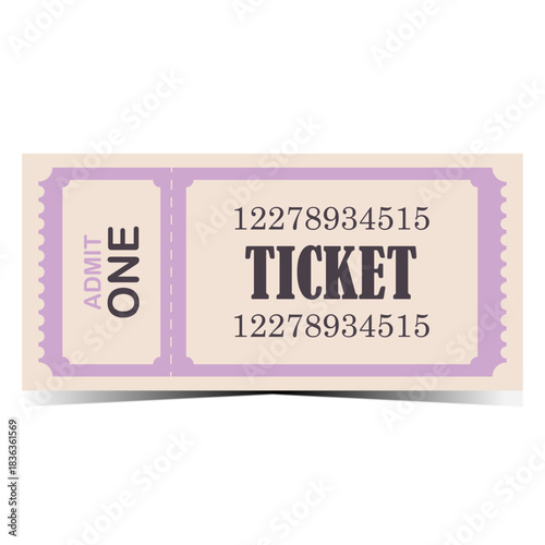 Vector of admit one retro ticket template. Ticket for cinema,movie,circus,theater,film,festival,casino,club,music. Illustration flat style