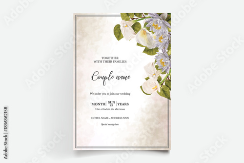 WEDDING INVITATION FRAME WITH FLOWER DECORATIONS AND FRESH LEAVES