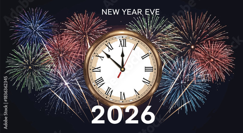 Clock striking midnight on new year's eve 2026 with colorful fireworks display