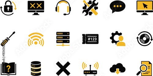 Essential IT Support and Computer Technology Icon Set, Featuring Networking, Data Server, Maintenance, Repair Tools, Security Lock, and Troubleshooting Symbols, for Web and Mobile.