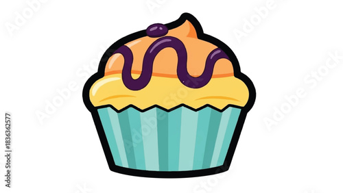Cartoon cupcake with orange frosting and purple drizzle.