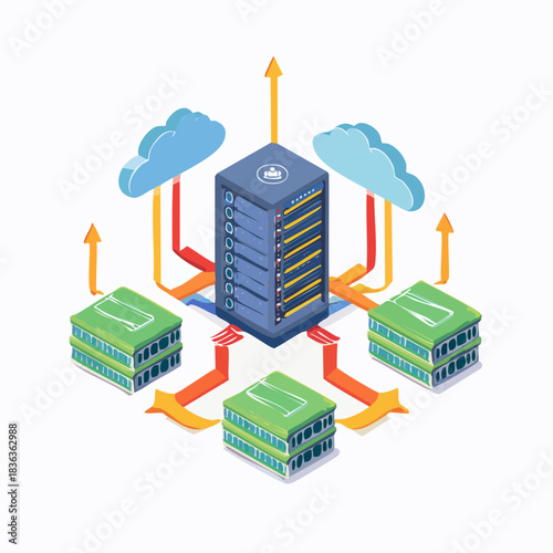 Isometric cloud computing network infrastructure illustration.