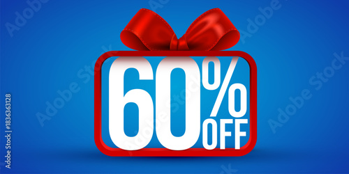 Vibrant 60 OFF discount banner with a shiny red gift bow. Perfect for sales and promotions. Vector illustration
