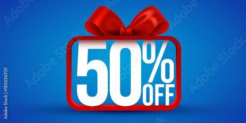 Vibrant 50 OFF discount banner with a shiny red gift bow. Perfect for sales and promotions. Vector illustration
