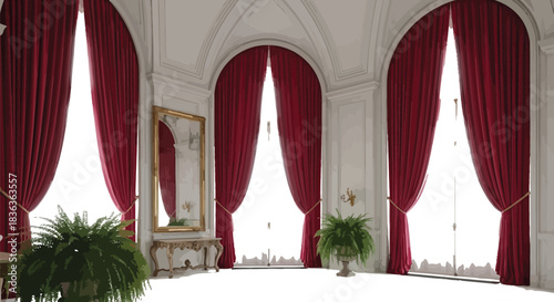 Elegant interior with red curtains marble floor and decorative plants in a classic style