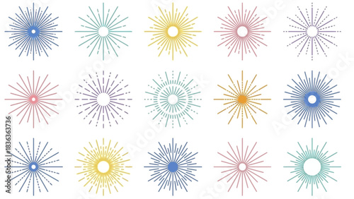 Radiant Symmetry Collection: A Pastel Grid of Stylized Sunbursts Featuring Circular Radial Designs in Soft Hues for Artistic, Decorative, and Graphic Design Applications with Emotional and Visual 