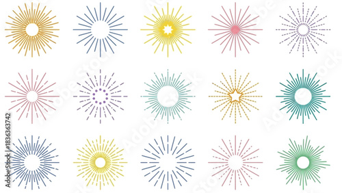 Radiant Symmetry Collection: A Pastel Grid of Stylized Sunbursts Featuring Circular Radial Designs in Soft Hues for Artistic, Decorative, and Graphic Design Applications with Emotional and Visual 